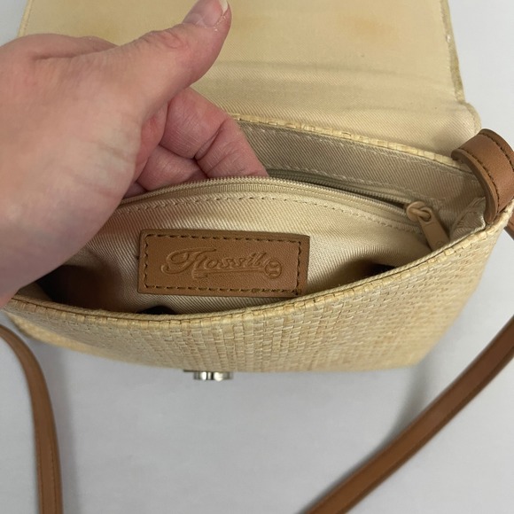 Vintage Fossil Straw Crossbody Bag Purse Floral Embroidered Tan‎ Leather Strap - Picture 9 of 13